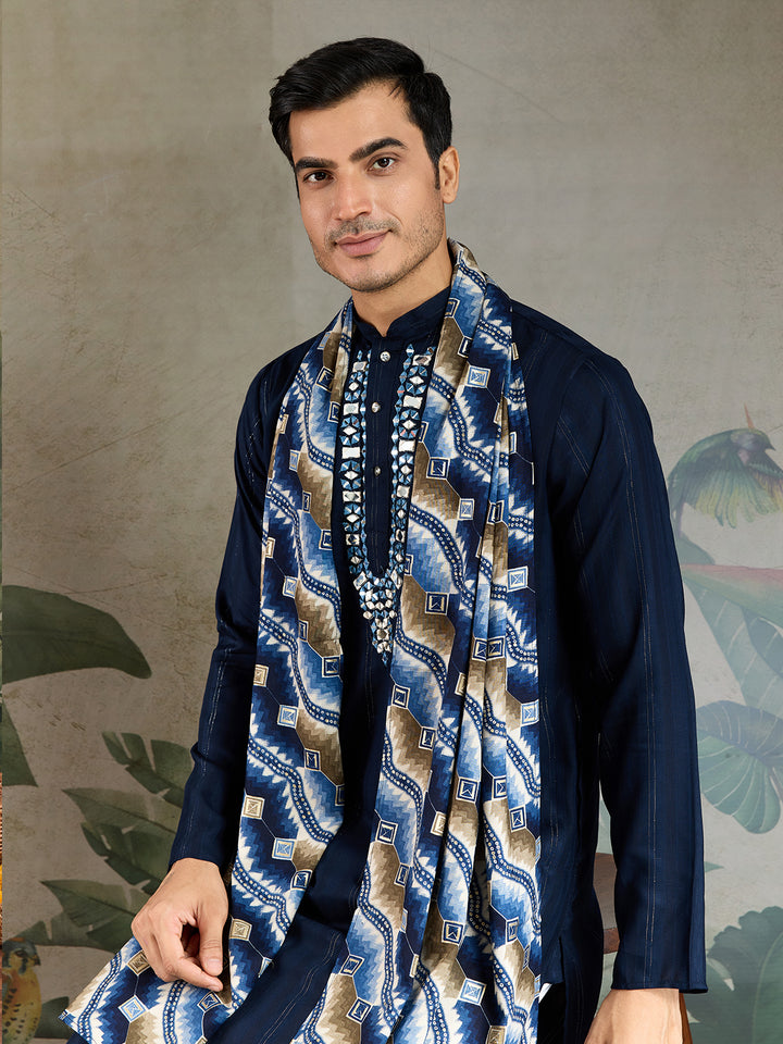 Navy Blue Viscose Men’s Kurta with Mirror Work & Zari Weaving – Elegant Ethnic Wear for Weddings & Festive Occasions