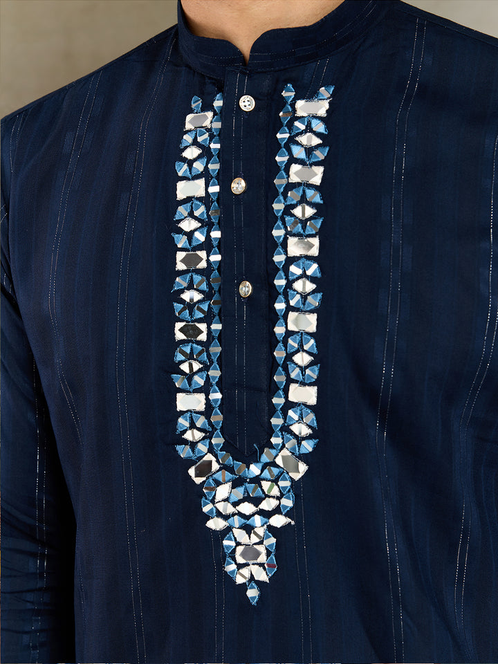 Navy Blue Viscose Men’s Kurta with Mirror Work & Zari Weaving – Elegant Ethnic Wear for Weddings & Festive Occasions