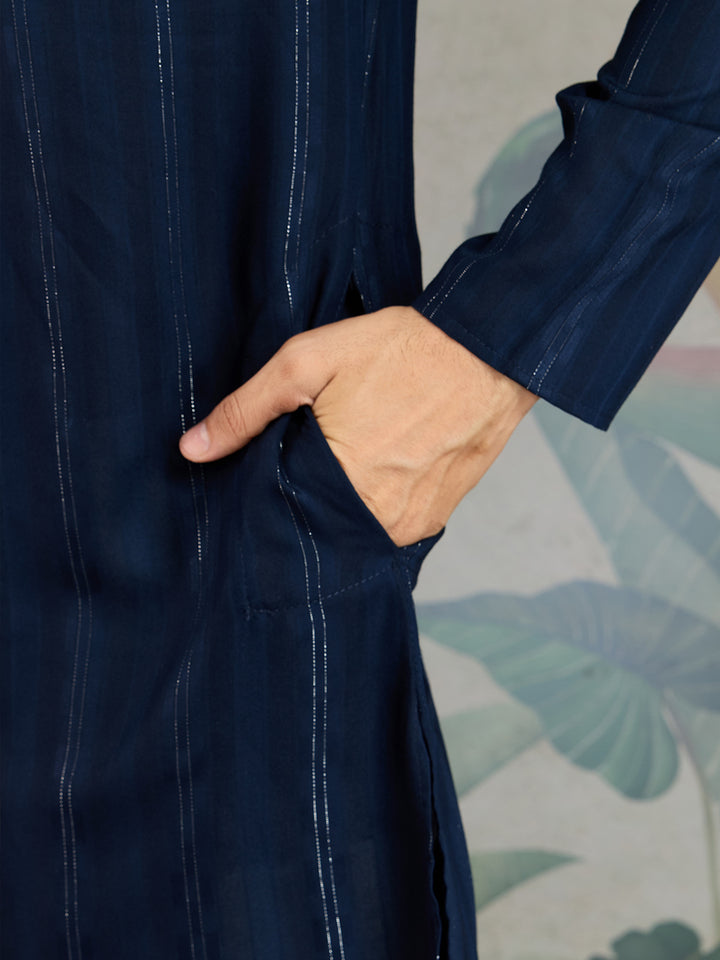 Navy Blue Viscose Men’s Kurta with Mirror Work & Zari Weaving – Elegant Ethnic Wear for Weddings & Festive Occasions