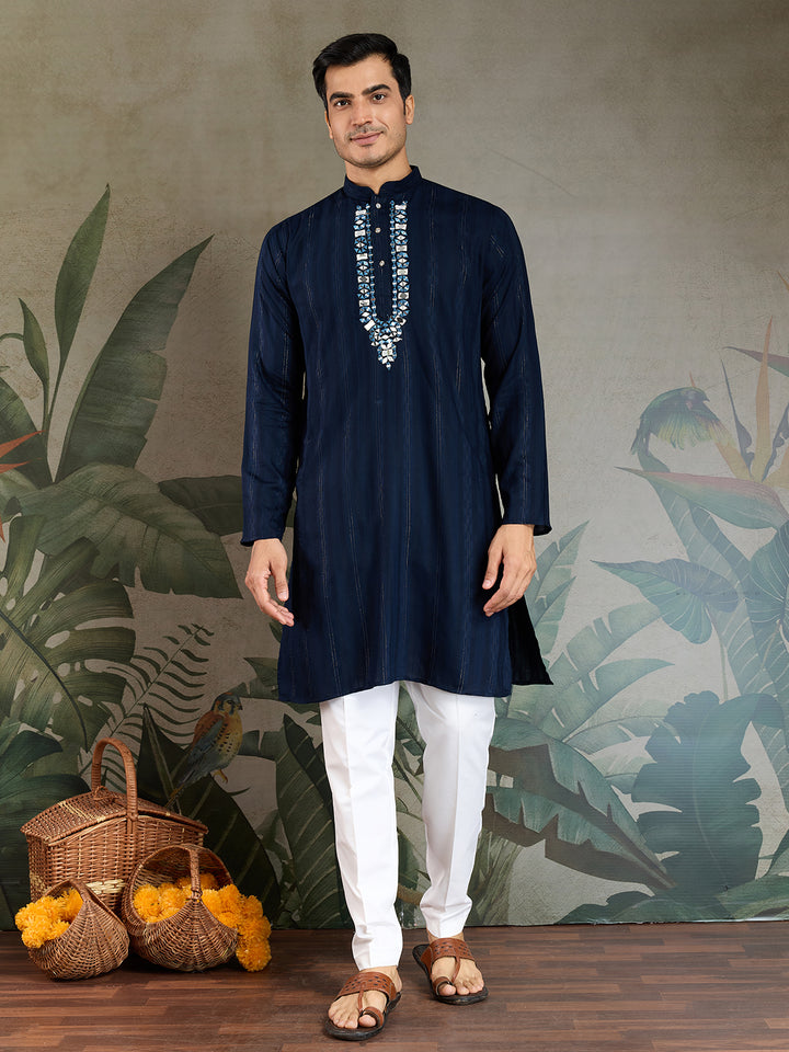Navy Blue Viscose Men’s Kurta with Mirror Work & Zari Weaving – Elegant Ethnic Wear for Weddings & Festive Occasions