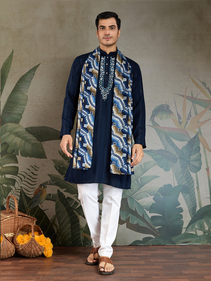 Navy Blue Viscose Men’s Kurta with Mirror Work & Zari Weaving – Elegant Ethnic Wear for Weddings & Festive Occasions