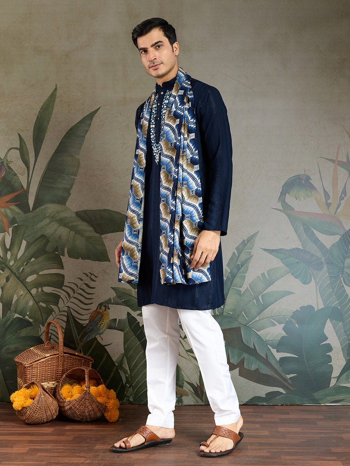 Navy Blue Viscose Men’s Kurta with Mirror Work & Zari Weaving – Elegant Ethnic Wear for Weddings & Festive Occasions
