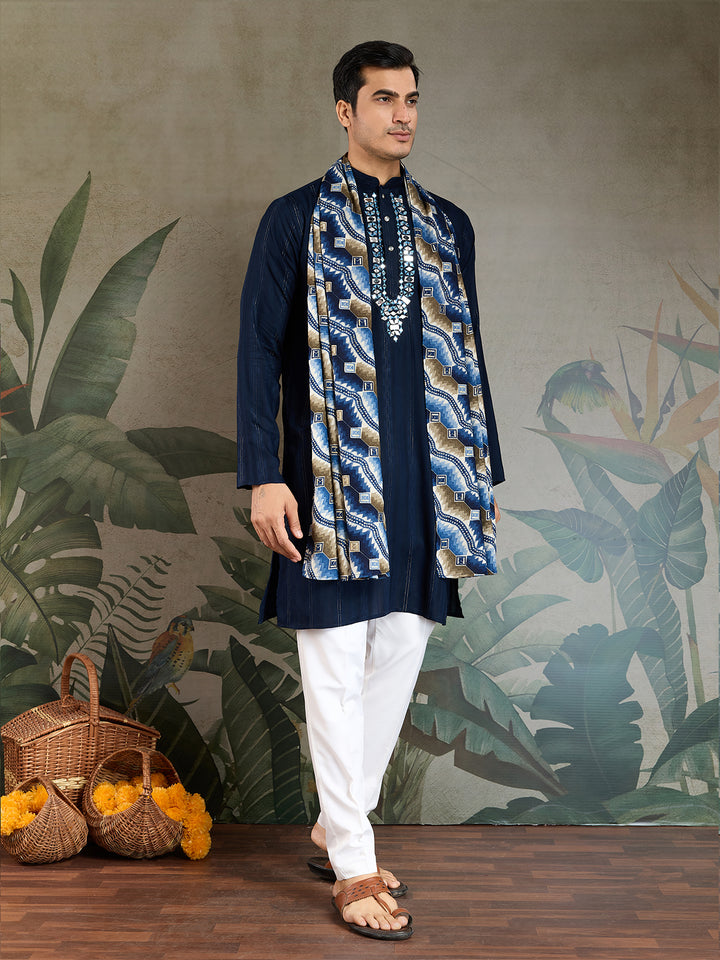 Navy Blue Viscose Men’s Kurta with Mirror Work & Zari Weaving – Elegant Ethnic Wear for Weddings & Festive Occasions