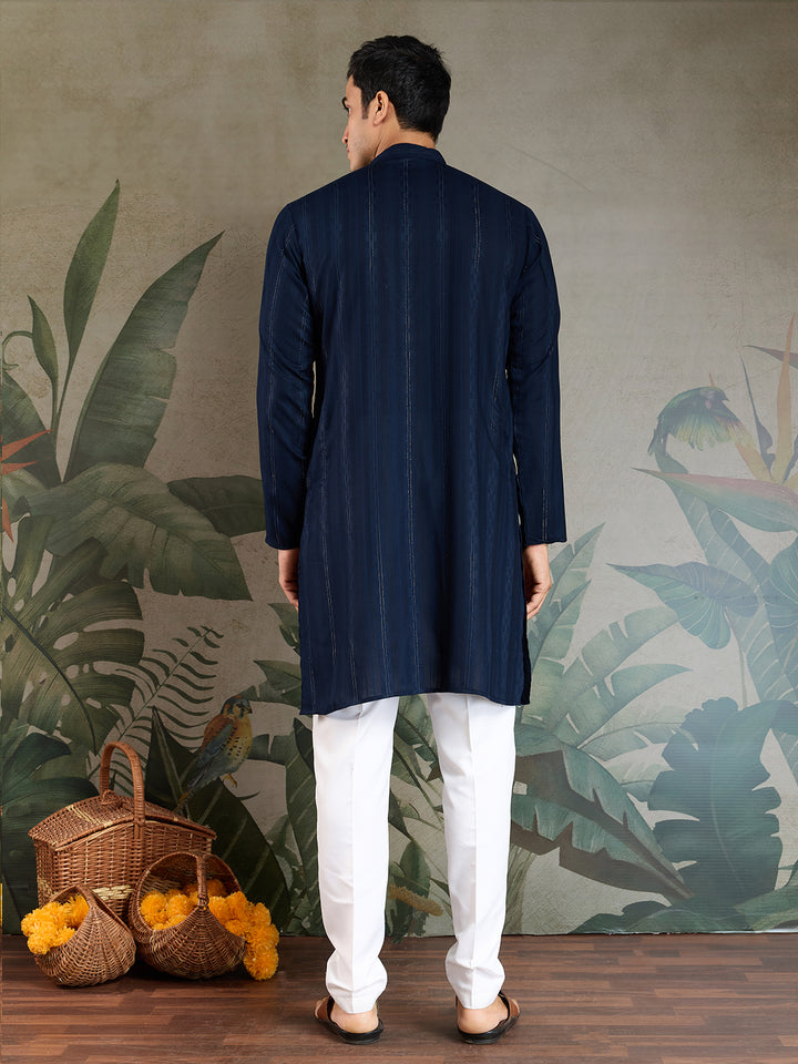 Navy Blue Viscose Men’s Kurta with Mirror Work & Zari Weaving – Elegant Ethnic Wear for Weddings & Festive Occasions
