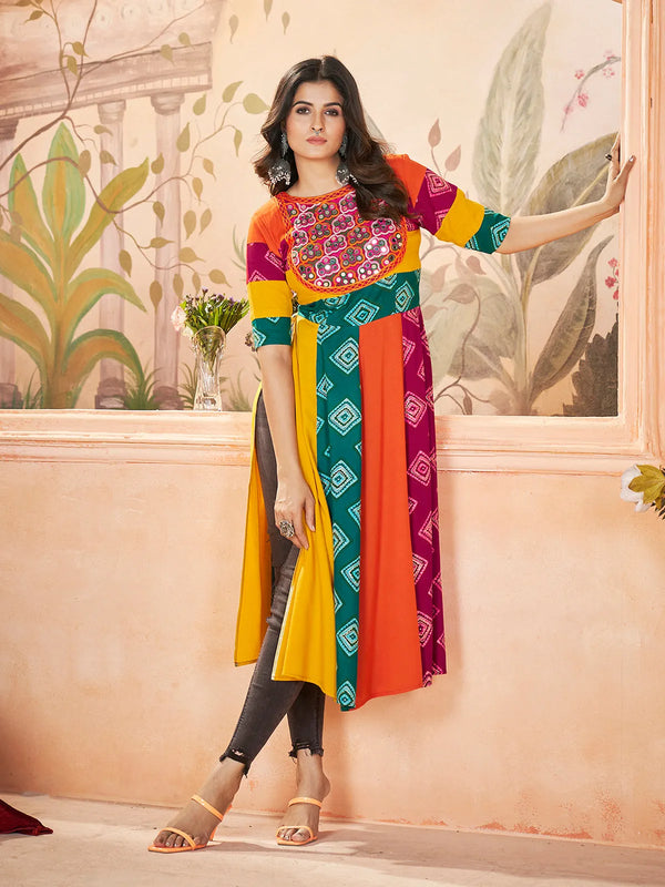 Multi-Color Rayon Navratri Kurti with Embroidered and Printed For Women