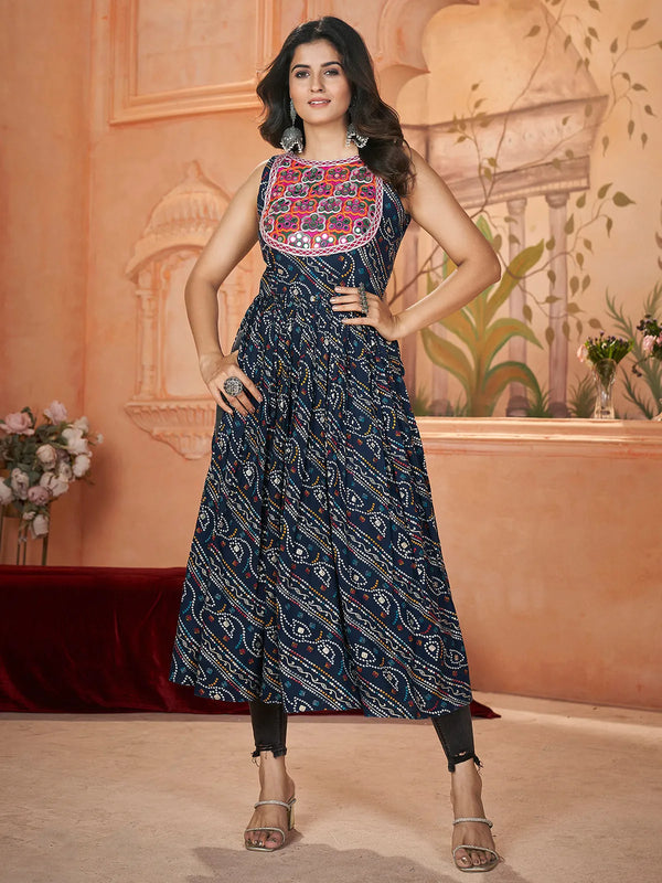 Blue Rayon Navratri Kurti with Embroidered and Printed For Women