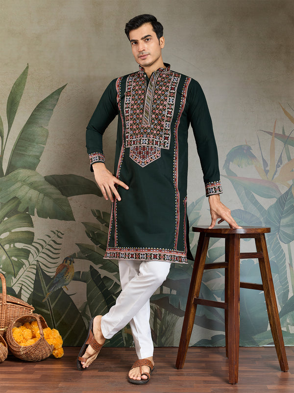 Green Viscose Silk Embroidered Kurta for Men | Thread & Sequin Work Navratri Outfit – Festive Wear