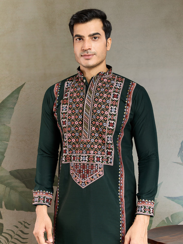 Green Viscose Silk Embroidered Kurta for Men | Thread & Sequin Work Navratri Outfit – Festive Wear