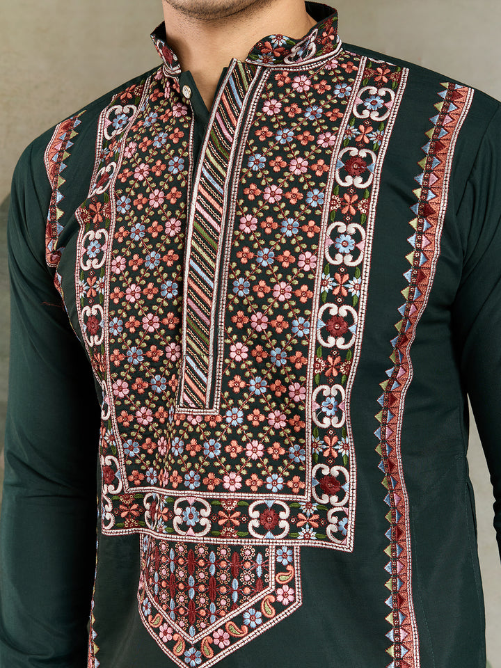 Green Viscose Silk Embroidered Kurta for Men | Thread & Sequin Work Navratri Outfit – Festive Wear
