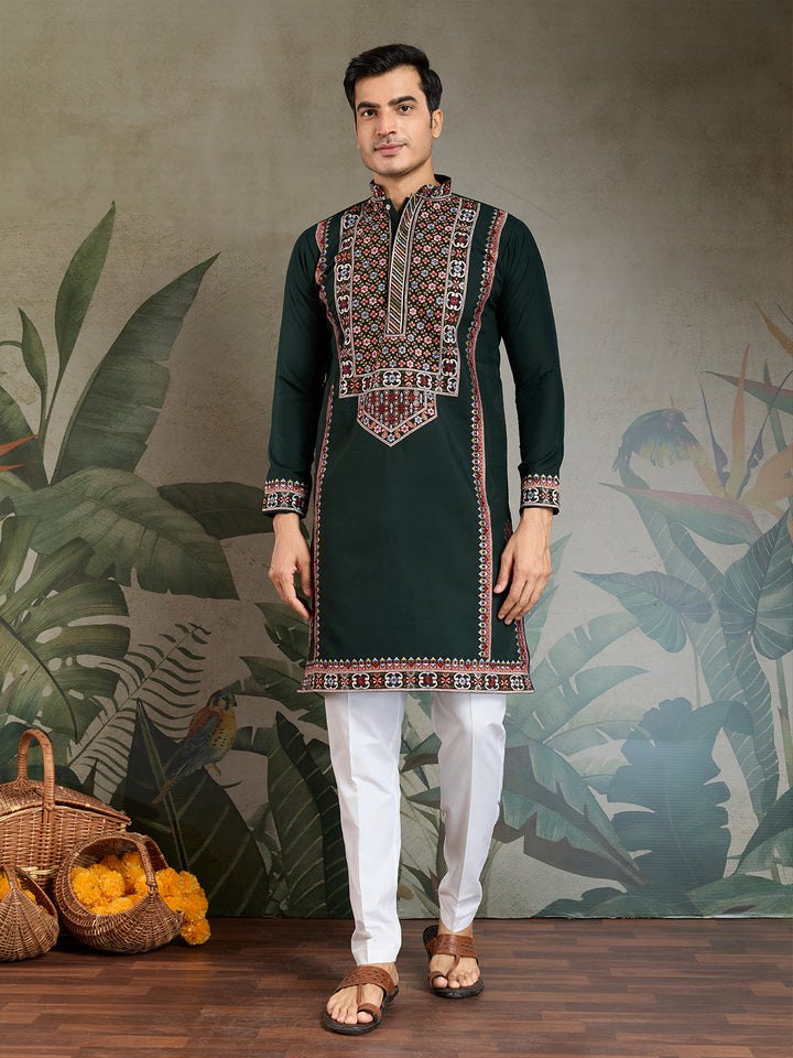 Green Viscose Silk Embroidered Kurta for Men | Thread & Sequin Work Navratri Outfit – Festive Wear