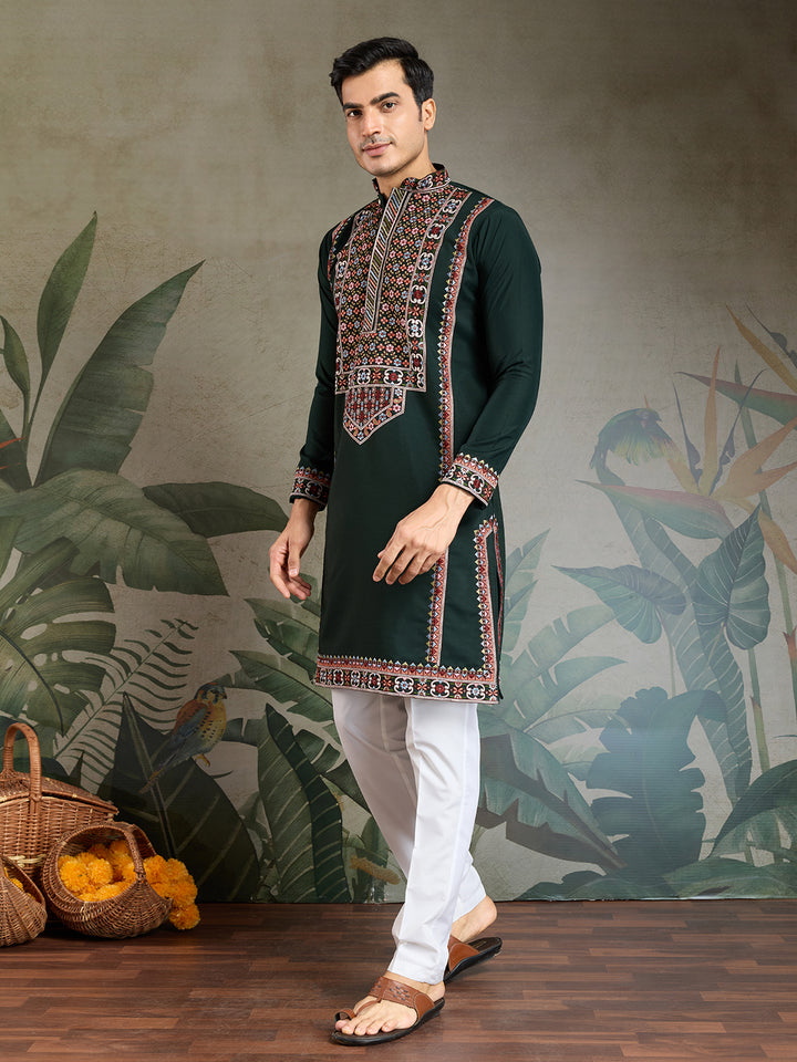 Green Viscose Silk Embroidered Kurta for Men | Thread & Sequin Work Navratri Outfit – Festive Wear