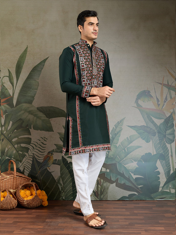 Green Viscose Silk Embroidered Kurta for Men | Thread & Sequin Work Navratri Outfit – Festive Wear