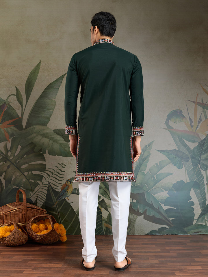 Green Viscose Silk Embroidered Kurta for Men | Thread & Sequin Work Navratri Outfit – Festive Wear
