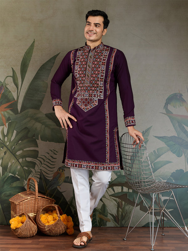 Purple Viscose Silk Kurta for Men – Thread & Sequin Embroidery Work | Navratri & Festival Special Ethnic Wear