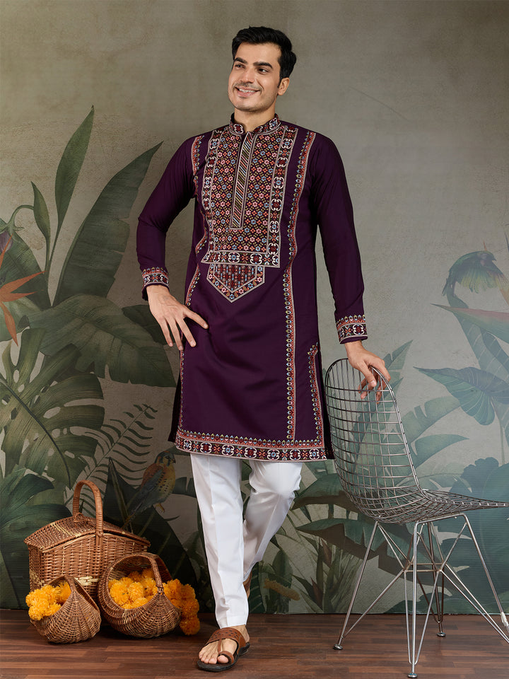 Purple Viscose Silk Kurta for Men – Thread & Sequin Embroidery Work | Navratri & Festival Special Ethnic Wear