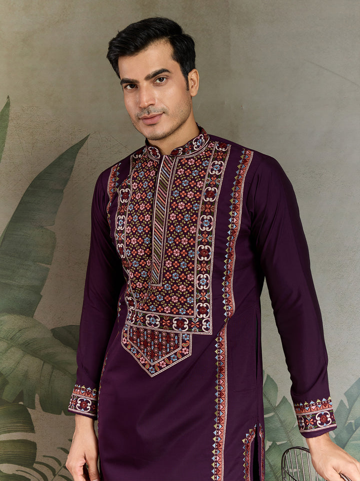 Purple Viscose Silk Kurta for Men – Thread & Sequin Embroidery Work | Navratri & Festival Special Ethnic Wear