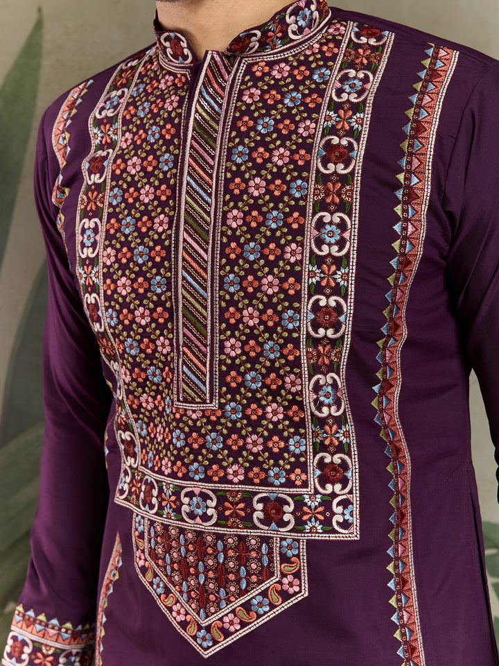Purple Viscose Silk Kurta for Men – Thread & Sequin Embroidery Work | Navratri & Festival Special Ethnic Wear