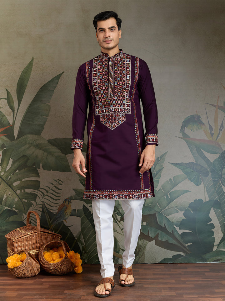 Purple Viscose Silk Kurta for Men – Thread & Sequin Embroidery Work | Navratri & Festival Special Ethnic Wear