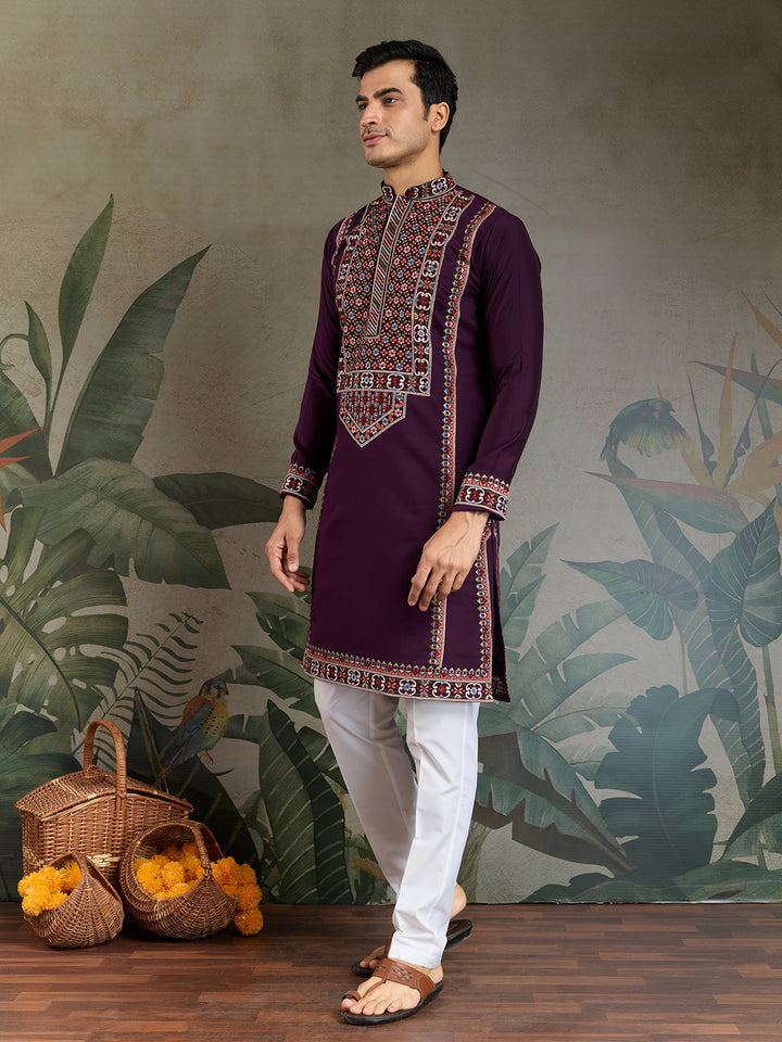 Purple Viscose Silk Kurta for Men – Thread & Sequin Embroidery Work | Navratri & Festival Special Ethnic Wear
