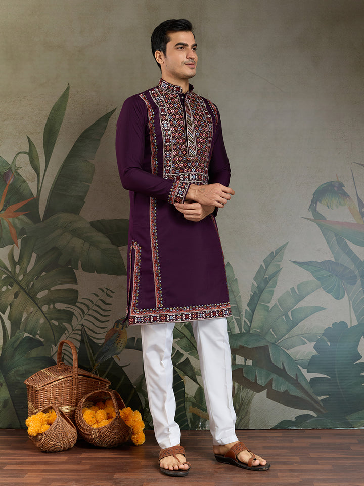 Purple Viscose Silk Kurta for Men – Thread & Sequin Embroidery Work | Navratri & Festival Special Ethnic Wear