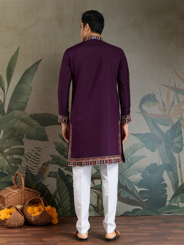 Purple Viscose Silk Kurta for Men – Thread & Sequin Embroidery Work | Navratri & Festival Special Ethnic Wear