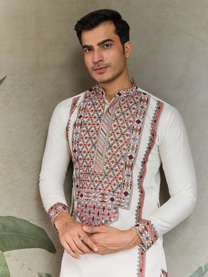 White Viscose Silk Kurta for Men with Thread & Sequin Embroidery – Festive & Navratri Wear