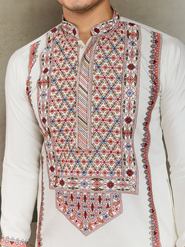 White Viscose Silk Kurta for Men with Thread & Sequin Embroidery – Festive & Navratri Wear