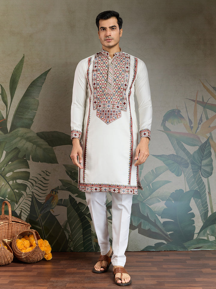White Viscose Silk Kurta for Men with Thread & Sequin Embroidery – Festive & Navratri Wear
