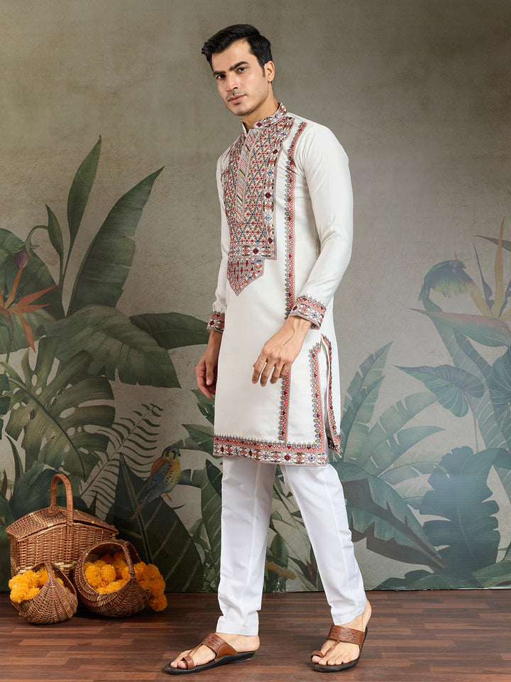 White Viscose Silk Kurta for Men with Thread & Sequin Embroidery – Festive & Navratri Wear