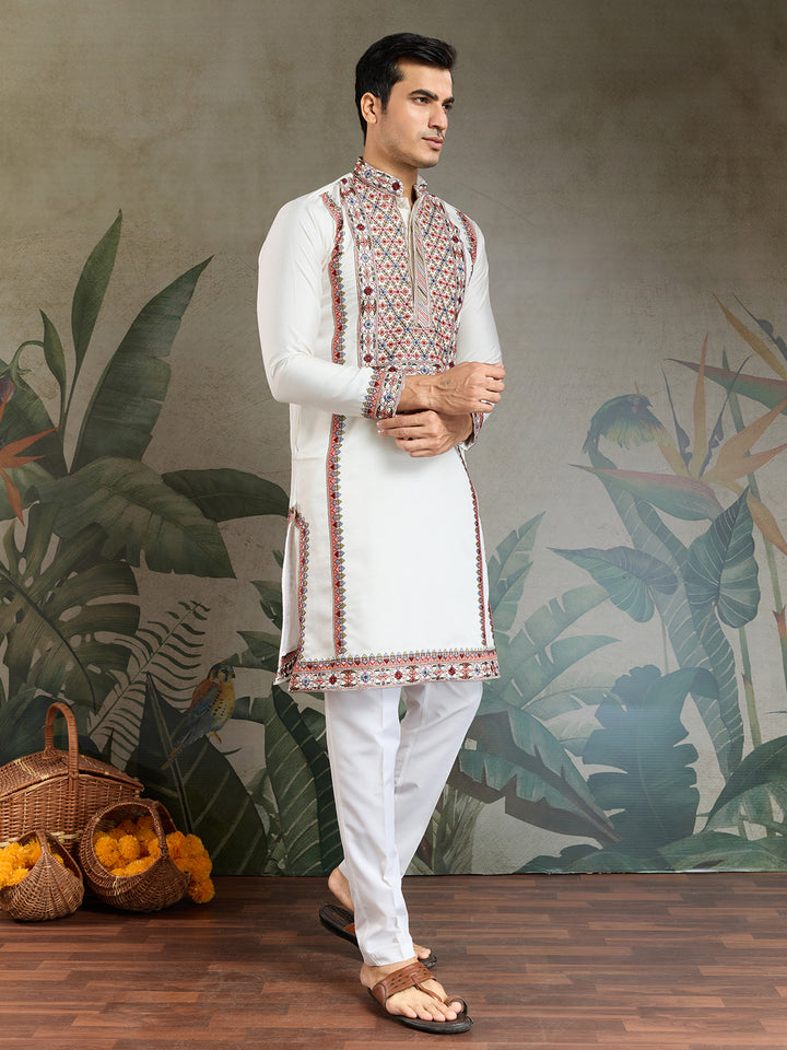 White Viscose Silk Kurta for Men with Thread & Sequin Embroidery – Festive & Navratri Wear