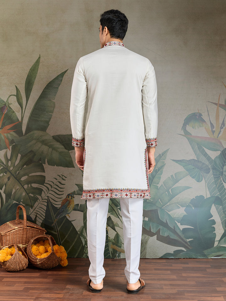 White Viscose Silk Kurta for Men with Thread & Sequin Embroidery – Festive & Navratri Wear