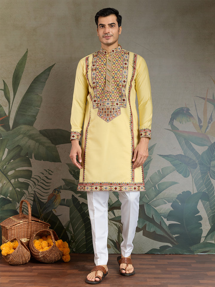 Yellow Viscose Silk Men's Kurta for Navratri & Festive Wear | Thread & Sequin Embroidery Work