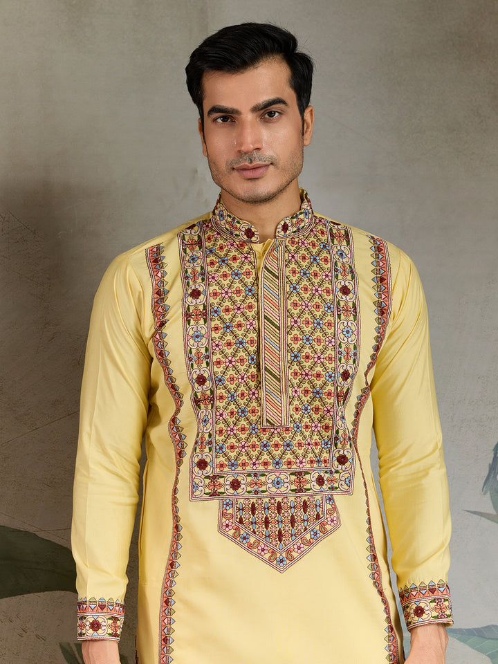 Yellow Viscose Silk Men's Kurta for Navratri & Festive Wear | Thread & Sequin Embroidery Work