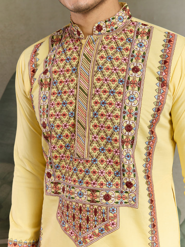 Yellow Viscose Silk Men's Kurta for Navratri & Festive Wear | Thread & Sequin Embroidery Work