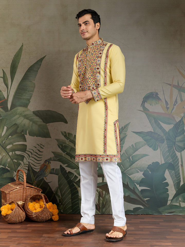 Yellow Viscose Silk Men's Kurta for Navratri & Festive Wear | Thread & Sequin Embroidery Work