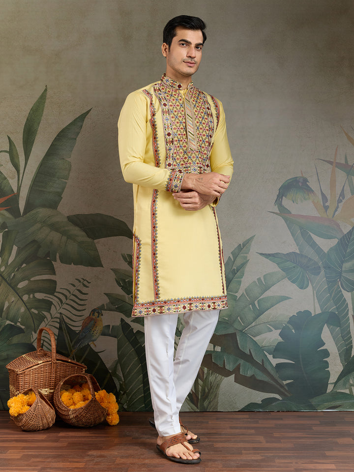 Yellow Viscose Silk Men's Kurta for Navratri & Festive Wear | Thread & Sequin Embroidery Work