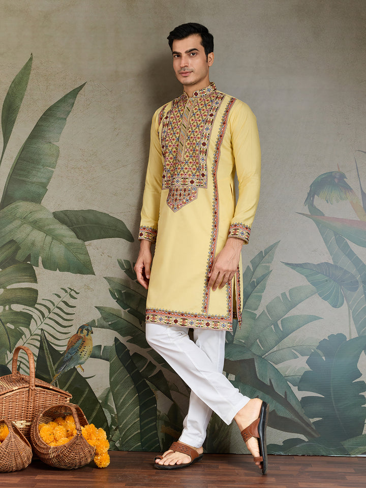 Yellow Viscose Silk Men's Kurta for Navratri & Festive Wear | Thread & Sequin Embroidery Work