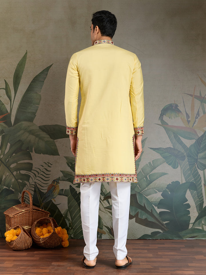 Yellow Viscose Silk Men's Kurta for Navratri & Festive Wear | Thread & Sequin Embroidery Work
