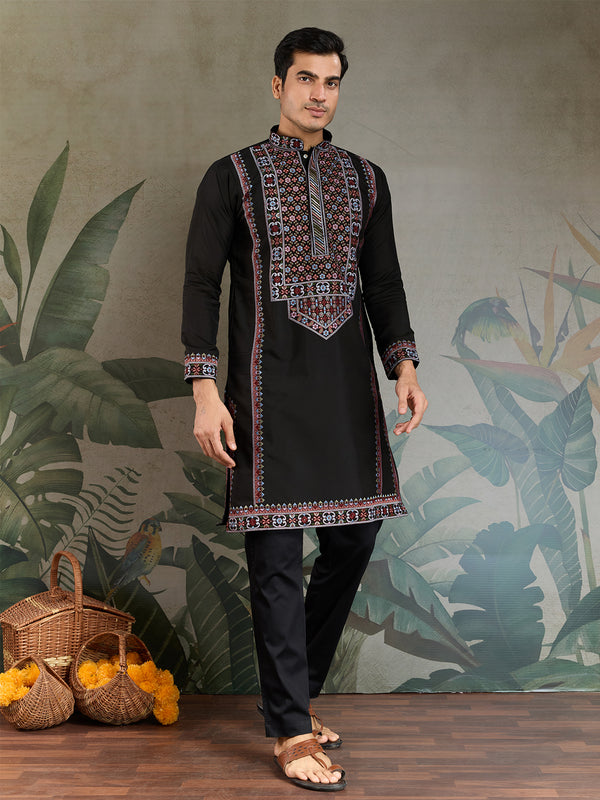 Black Viscose Silk Men’s Kurta for Navratri | Thread & Sequin Embroidered Festive Ethnic Wear