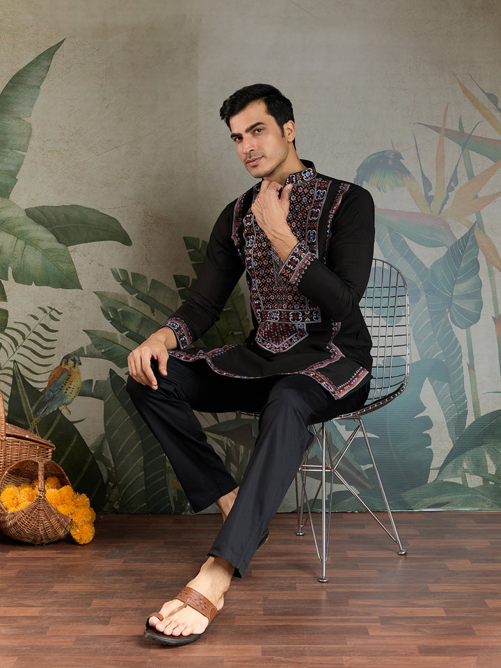 Black Viscose Silk Men’s Kurta for Navratri | Thread & Sequin Embroidered Festive Ethnic Wear