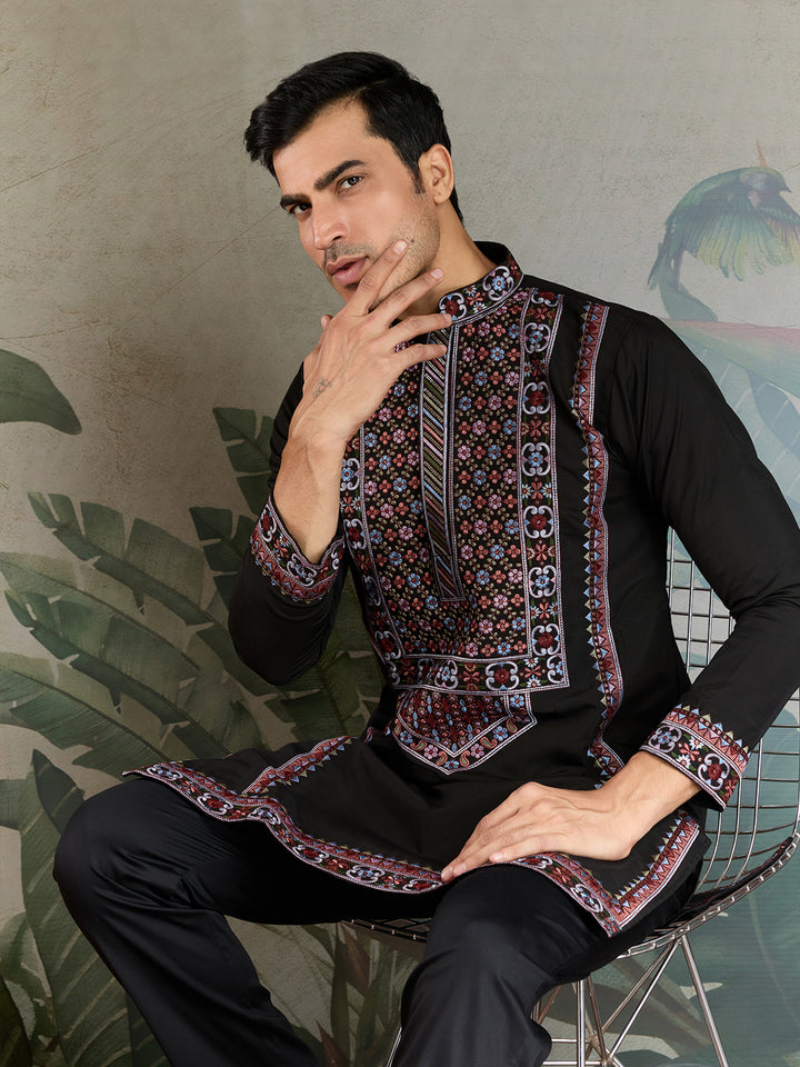Black Viscose Silk Men’s Kurta for Navratri | Thread & Sequin Embroidered Festive Ethnic Wear