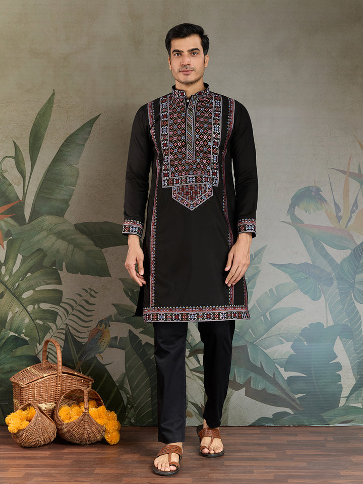 Black Viscose Silk Men’s Kurta for Navratri | Thread & Sequin Embroidered Festive Ethnic Wear
