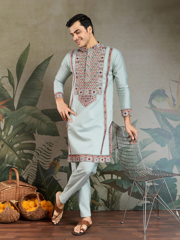 Occasion Style Sky Blue Viscose Silk Men’s Kurta