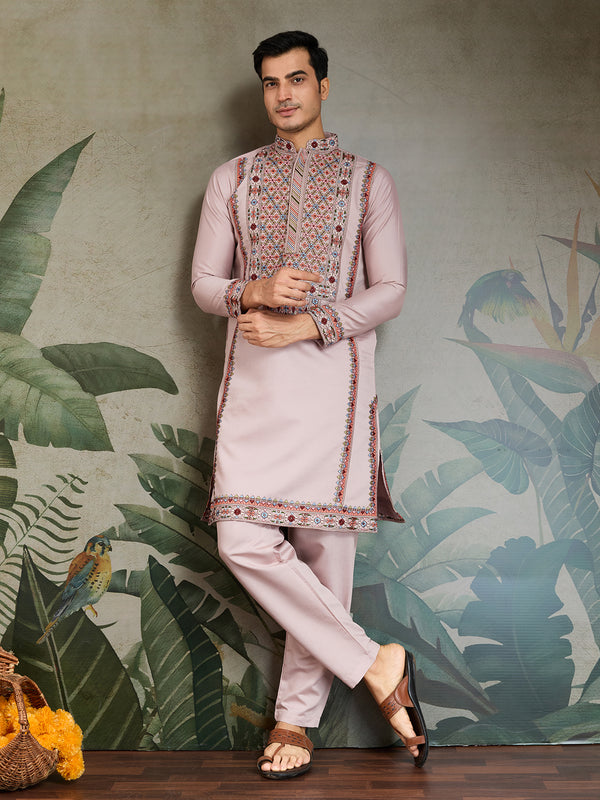 Men’s Dusty Pink Viscose Silk Kurta with Thread & Sequin Embroidery