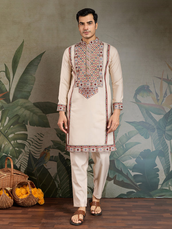 Ivory Viscose Silk Men's Kurta with Thread & Sequin Embroidery