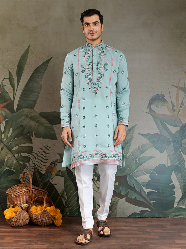 Men's Sky Blue Viscose Silk Kurta with Thread & Sequin Embroidery | Festive & Wedding Wear