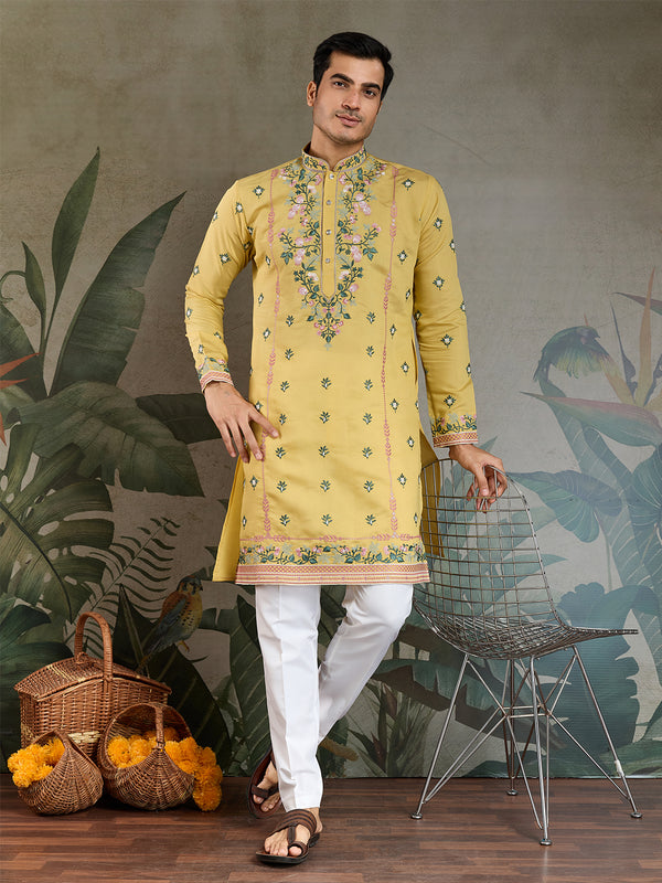 Men's Yellow Viscose Silk Kurta with Thread & Sequin Embroidery | Festive & Wedding Wear
