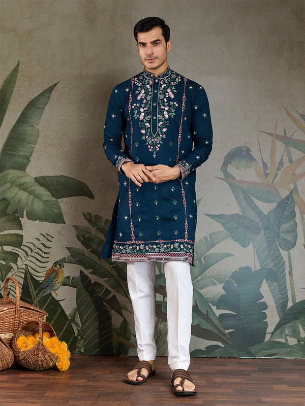 Teal Blue Viscose Silk Men's Kurta with Thread & Sequin Embroidery | Festive & Wedding Wear
