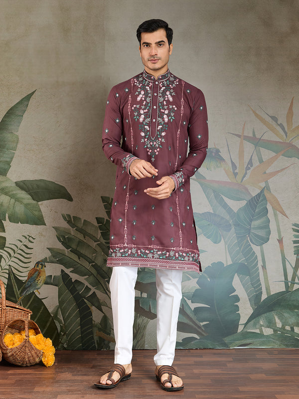 Men's Pastel Chocolate Viscose Silk Kurta with Thread & Sequin Embroidery – Designer Occasion Wear