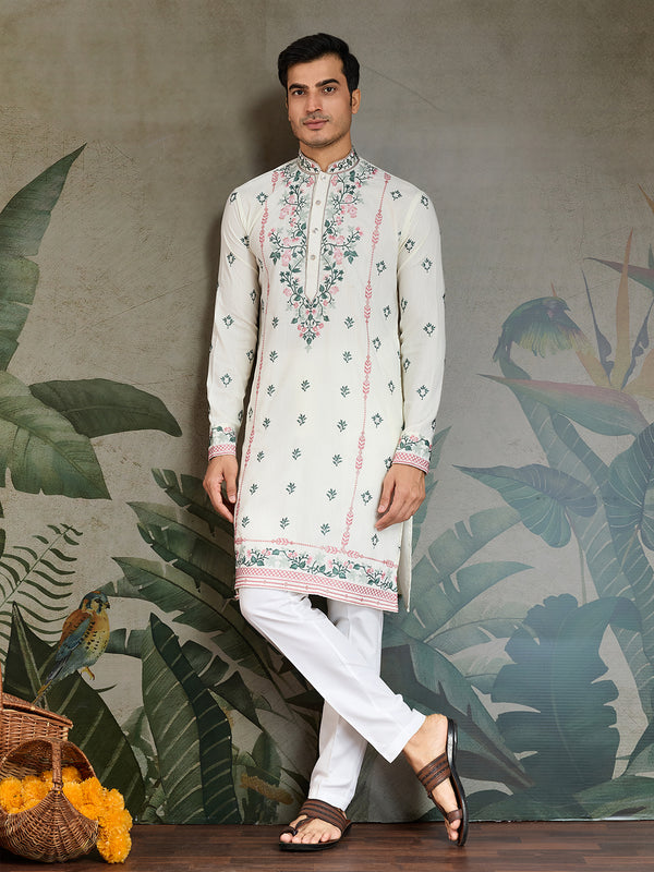White Viscose Silk Kurta for Men with Thread & Sequin Embroidery – Festive & Wedding Wear